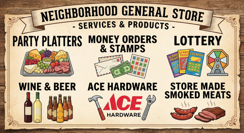 Party Platters

Money Orders

Stamps

Lottery

Wine and Beer

Storemade Smoked Meats

Hardware (Ace)